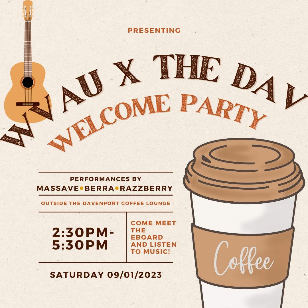 A poster advertising the WVAU x the Dav welcome party event on Saturday, Sept. 2 from 2:30 to 5:30 p.m.