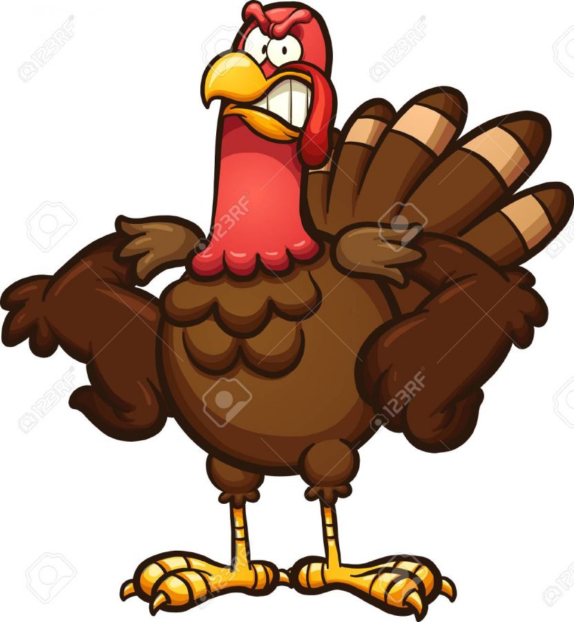 Angry cartoon Thanksgiving turkey. Vector clip art illustration with simple gradients. All in a single layer.