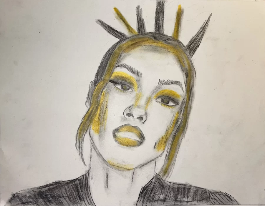 Rina Sawayama in charcoal and pastel, drawn by Macy Doll.