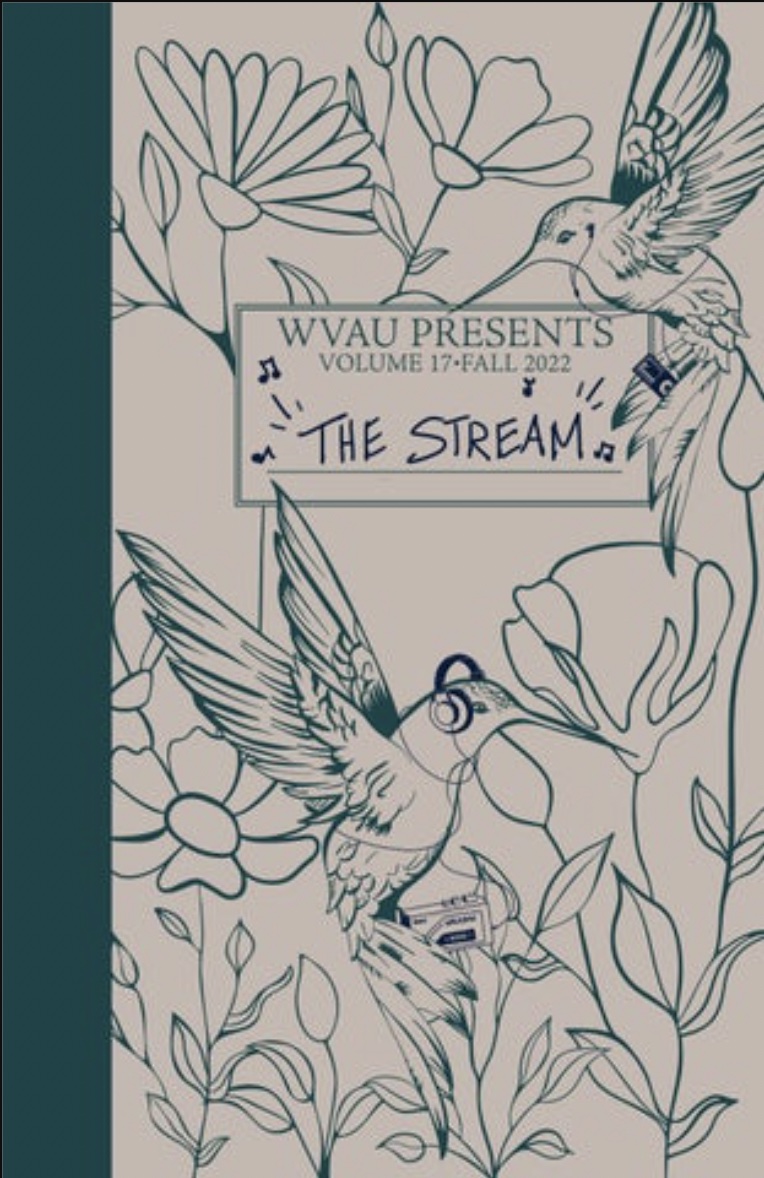 A decomposition book style graphic that reads "WVAU Presents Volume 17 Fall 2022 The Stream"
