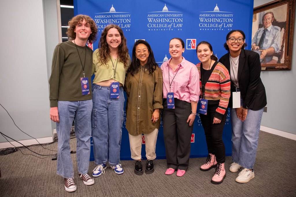 Stephanie Hsu poses with members of the student media panel that interviewed her during her February trip to American University. Photo credits: Julia Gibson